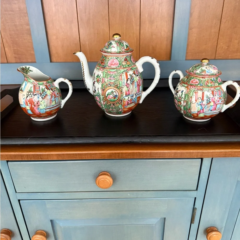 Antique Chinese ExportFamille Rose Medallion Tea Set - Set of 3
